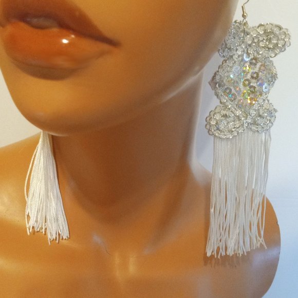 Silver Sequin And White Tassels Long Earrings, Long Silver Earrings - Picture 3 of 4